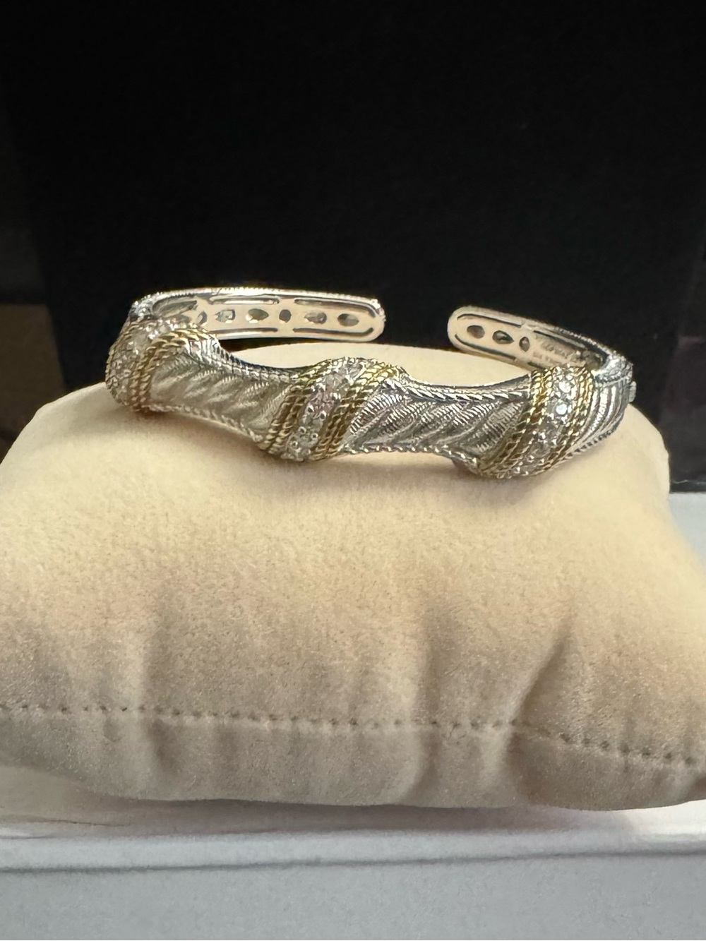 Judith Ripka 925 Silver Braided Cuff Bracelet w/Gold Texture Trim & Diamonique - Picture 13 of 13